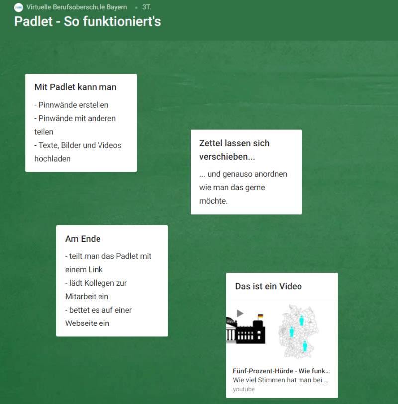 EIn Beispiel für ein Padlet mit allen Elementen