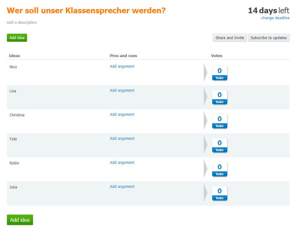 Ein Anwendungsbeispiel für Klassenorganisation: die Schülerinnen und Schüler können rechts für den Klassensprecher stimmen