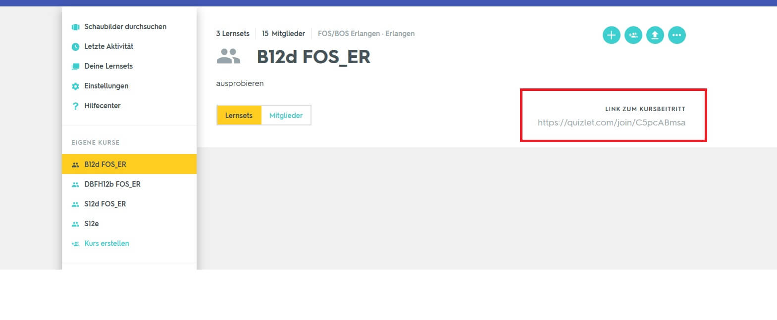 Zu einem Kurs in Quizlet gelange ich über einen Link