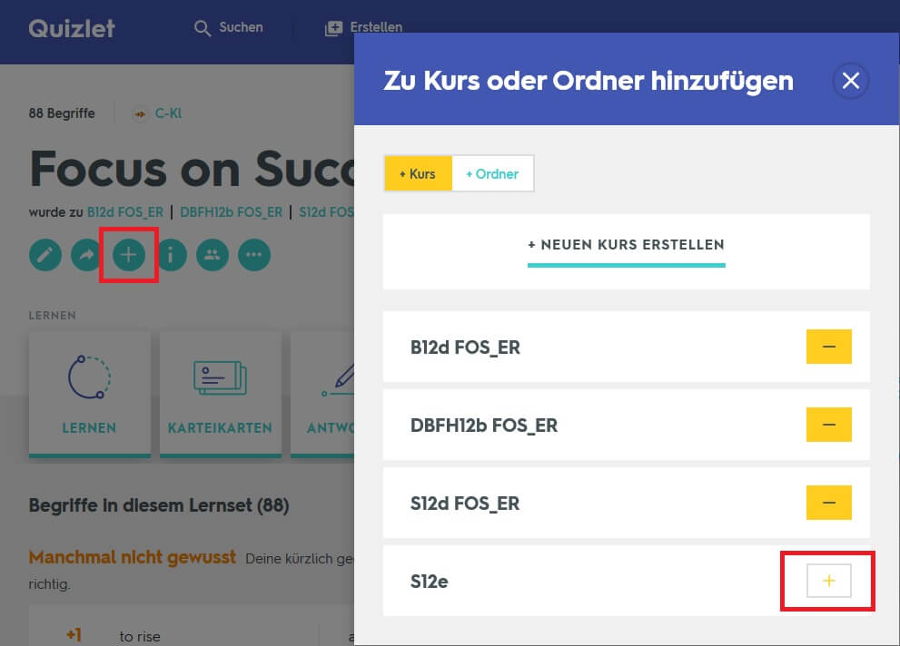 Die Lernsets in Quizlet können für verschiedene Kurse freigegeben werden