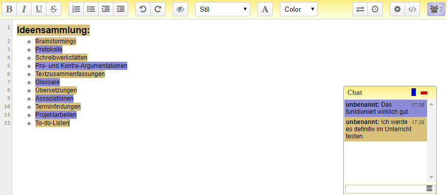 Chtafunktion und unterschiedliche Autoren im Etherpad