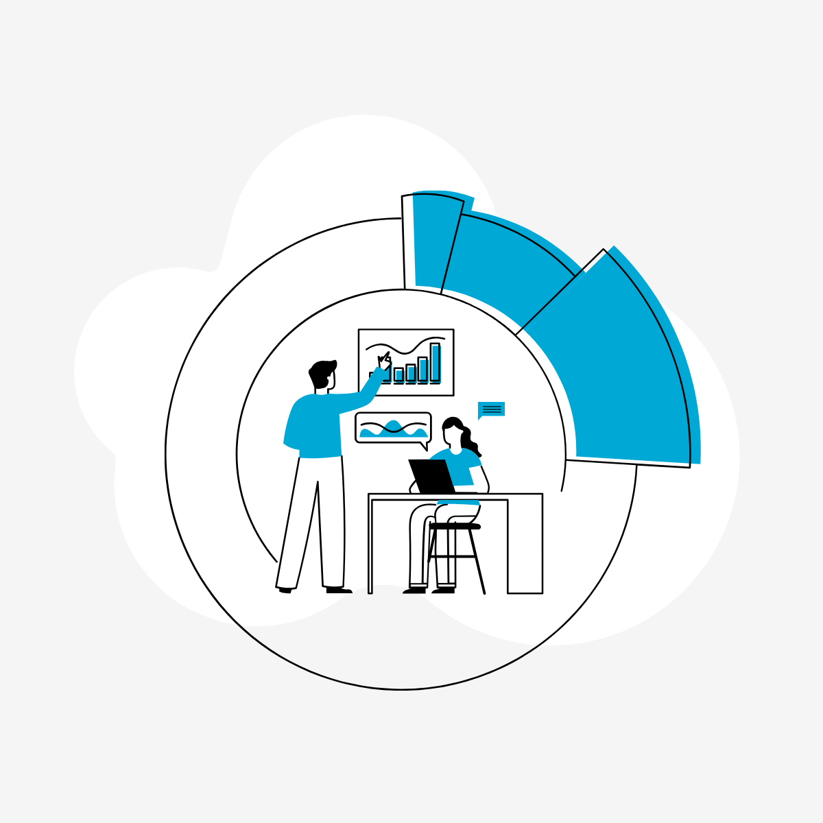 Zeichnung eines kleinen Männchens, das Informationen zum Bildungsangebot der Vibos bereit hält